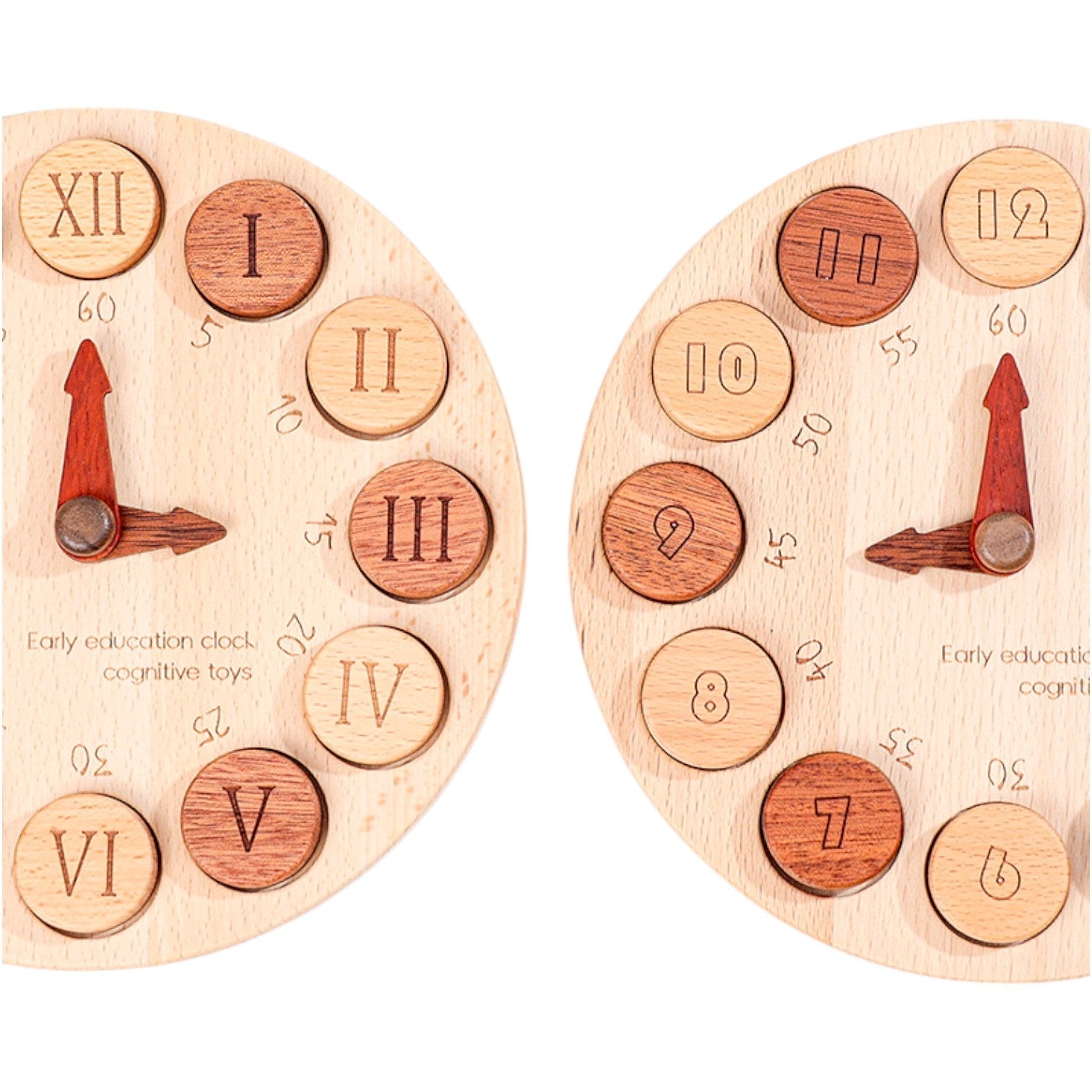 **Pre - order (Ships in 2 - 3 Weeks)**Wooden Cognitive Learning Clock – Dual - Sided Time Recognition Toy with Roman and Arabic Numerals - The Nurturing Nook