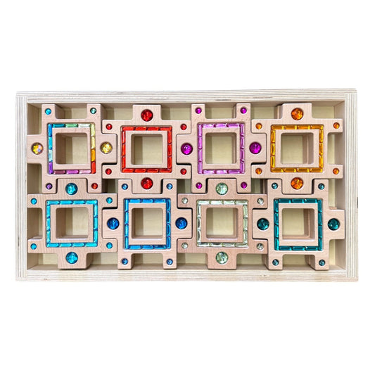 **Pre - order (Ships in 2 - 3 Weeks)**Wooden Gemlight Window Blocks – 16 - Piece Colorful Open - Ended Play Set with Storage Box - The Nurturing Nook