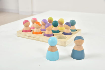 Rainbow wooden peg dolls sorting and pretend play set – 12 pcs - The Nurturing Nook