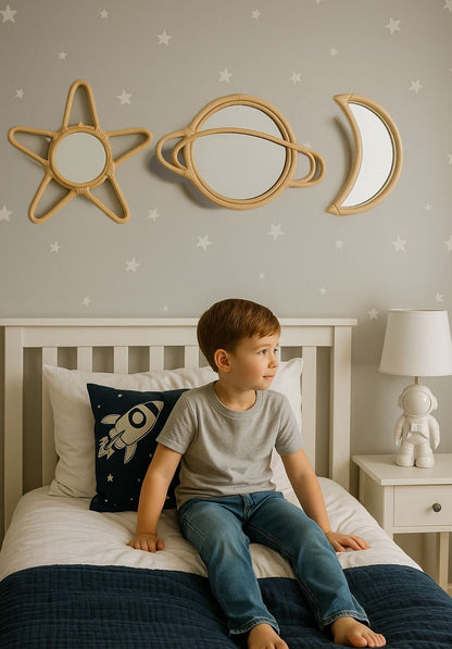 Rattan Saturn Mirror | Boho Nursery Wall Decor | Handmade Natural Rattan Mirror for Kids Room | Eco-Friendly Montessori Wall Art