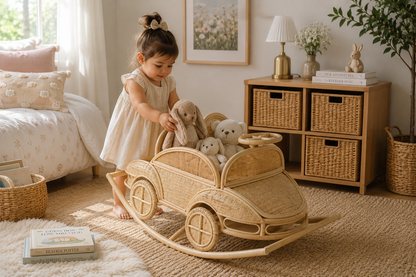 Vintage Inspired Rattan Rocking Car for Toddlers