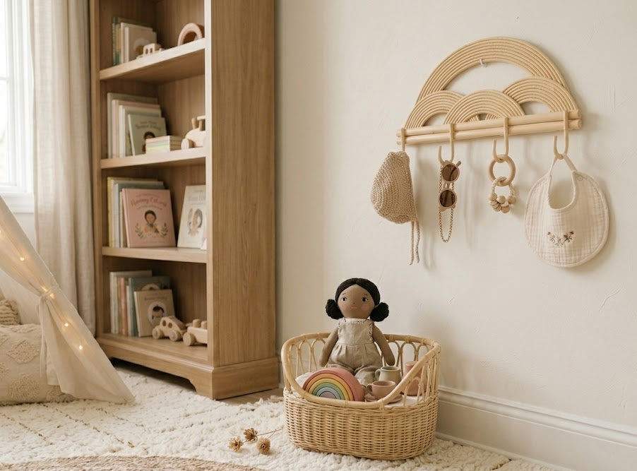 Montessori Rainbow Wall Hanger  |  Rattan Wall Rack | Boho Nursery Wall Hooks for Kids