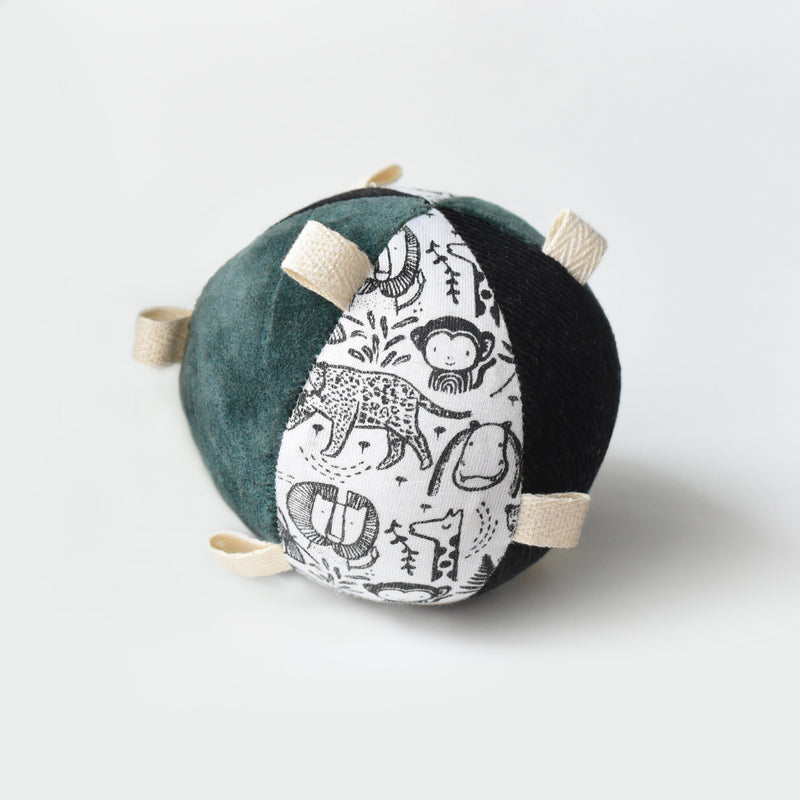 Wild taggy ball with rattle – organic cotton sensory toy