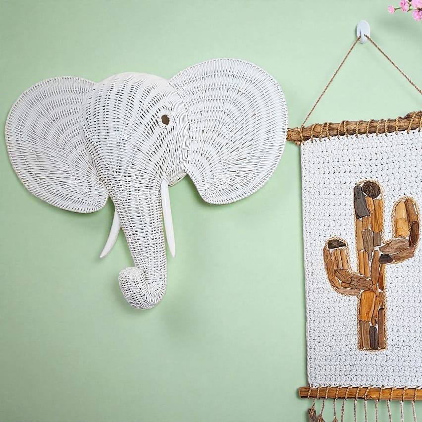 Rattan Elephant Wall Decor – Safari Nursery Wall Art | Boho Kids Room Animal Head | Handmade Natural Rattan Décor