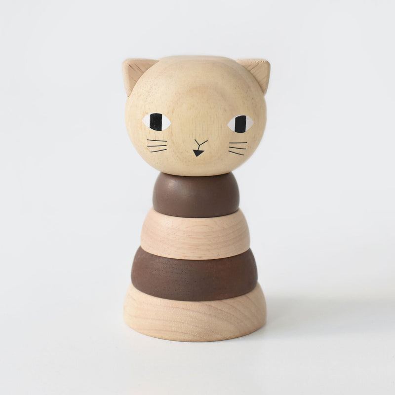Natural wooden cat ring stacker for creative toddler play