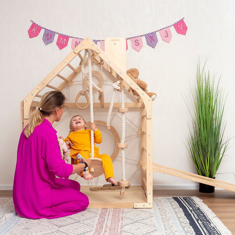 Wooden climbing playhouse – indoor climber & play space