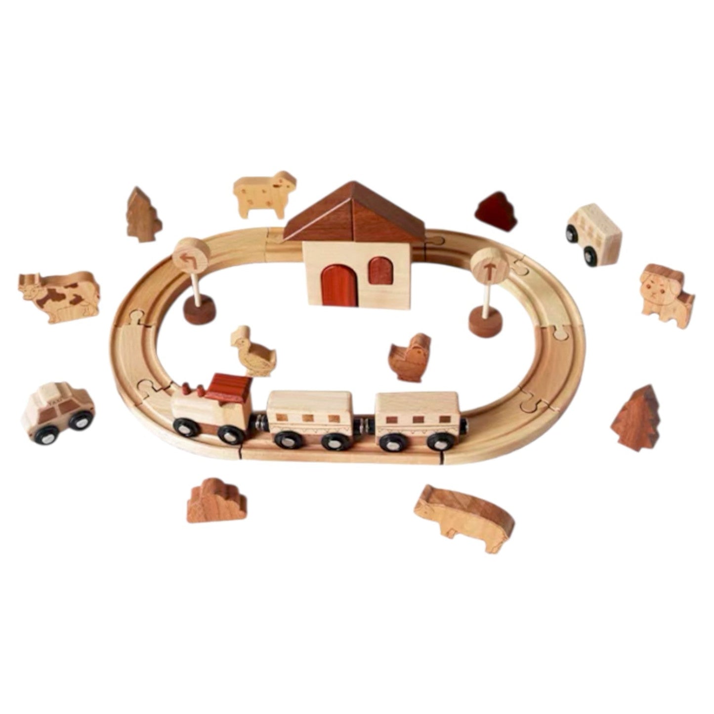 Wooden Farm Train Track Play Set – 32 - Piece Natural Solid Wood Toy - The Nurturing Nook