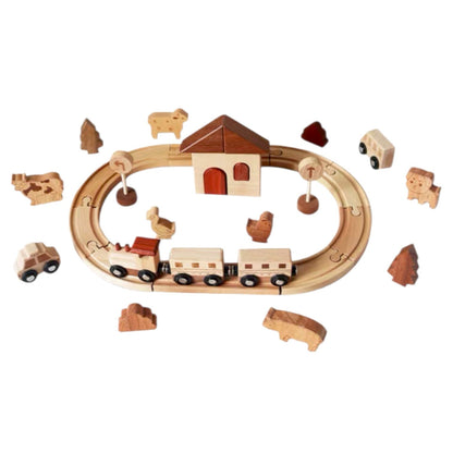 Wooden Farm Train Track Play Set – 32 - Piece Natural Solid Wood Toy - The Nurturing Nook