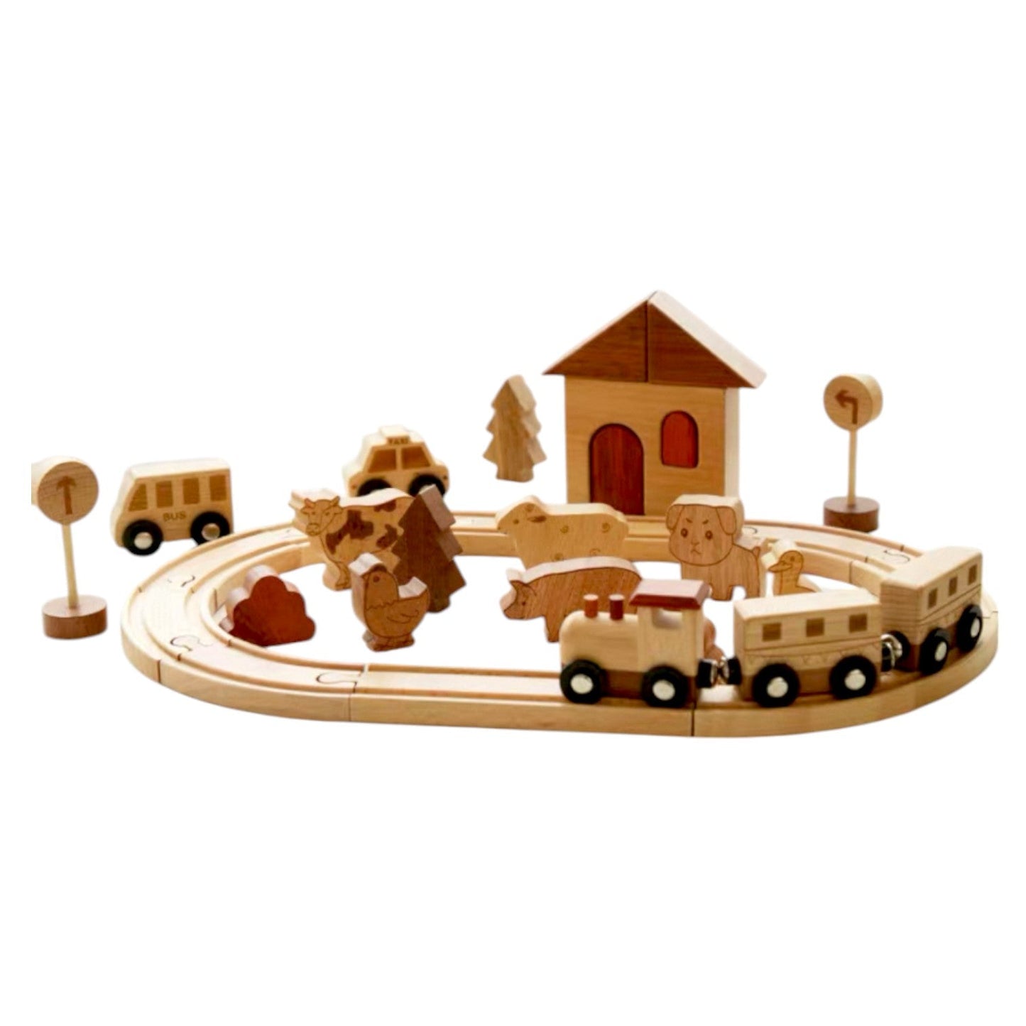 Wooden Farm Train Track Play Set – 32 - Piece Natural Solid Wood Toy - The Nurturing Nook