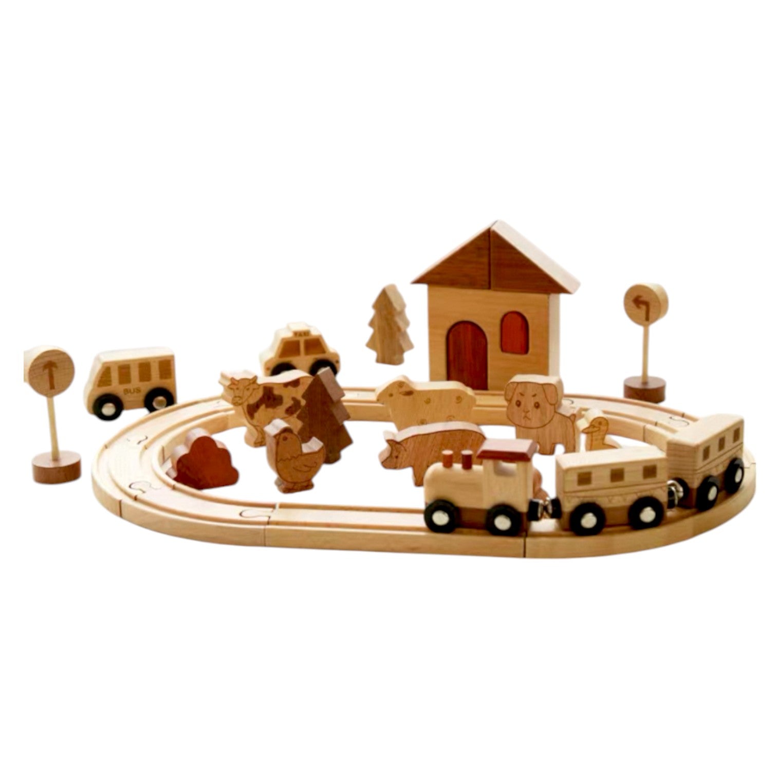 Wooden Farm Train Track Play Set – 32 - Piece Natural Solid Wood Toy - The Nurturing Nook