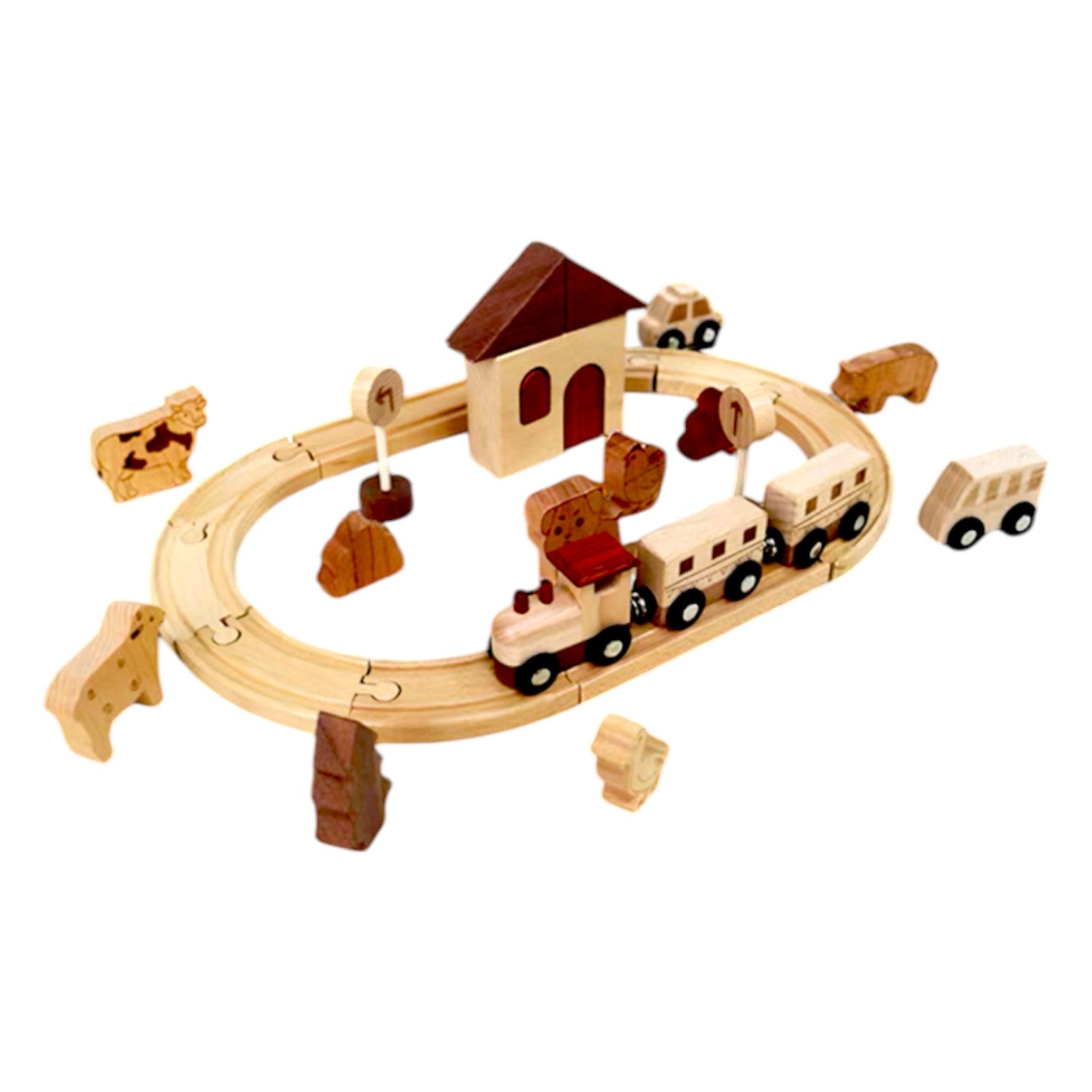 Wooden Farm Train Track Play Set – 32 - Piece Natural Solid Wood Toy - The Nurturing Nook