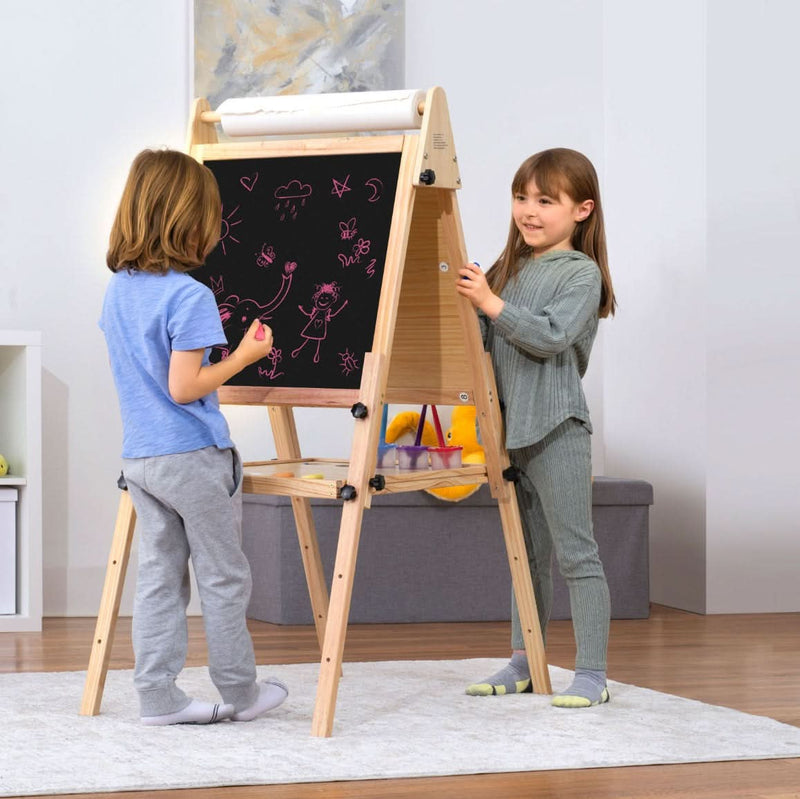 Wooden foldable easel with adjustable height and chalkboard