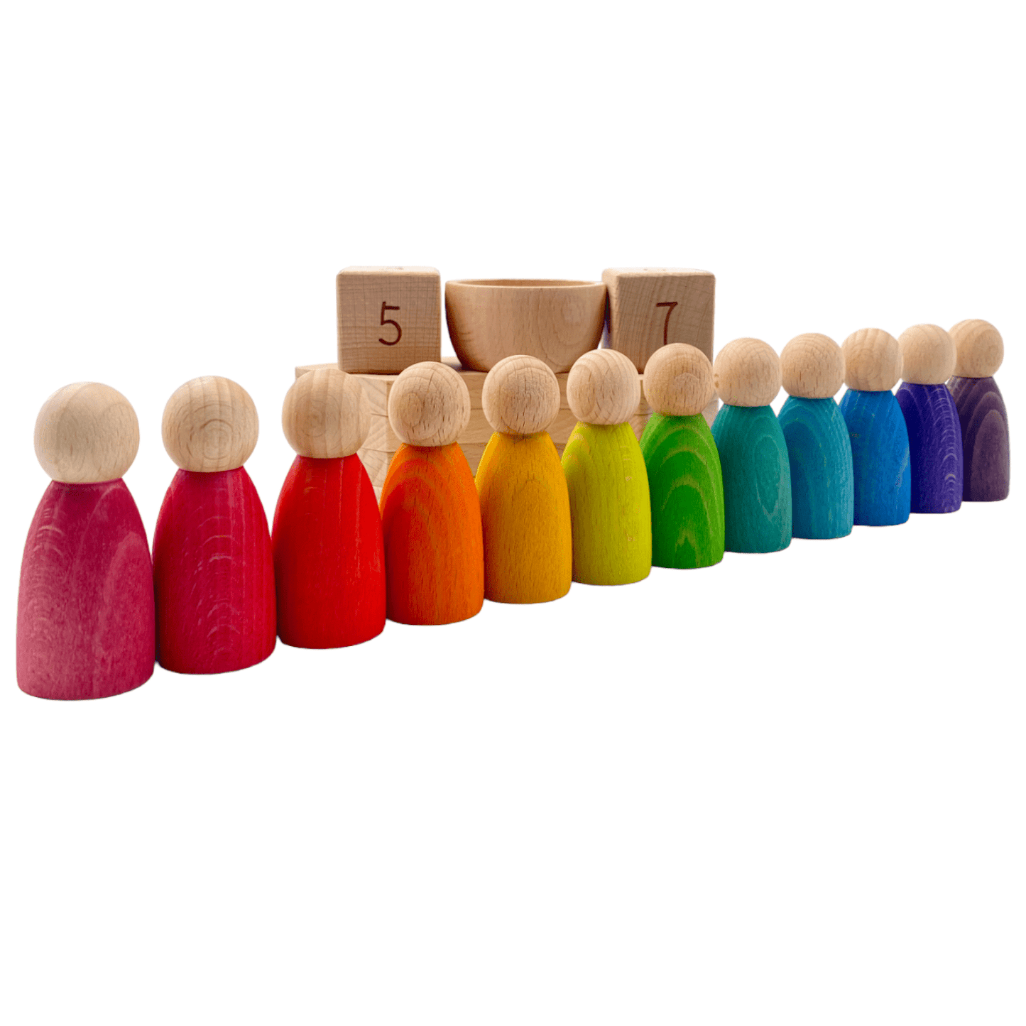 Wooden Perpetual Calendar with 12 Stained Rainbow Peg Figures - The Nurturing Nook