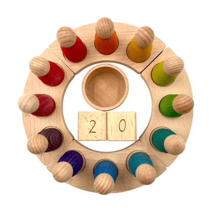 Wooden Perpetual Calendar with 12 Stained Rainbow Peg Figures - The Nurturing Nook