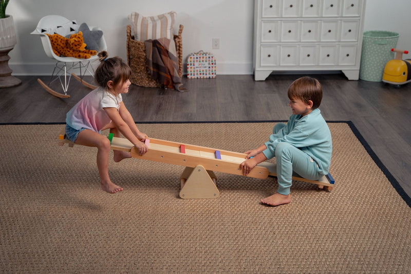 Wooden rainbow seesaw and balance beam